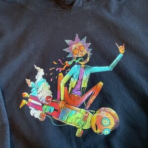Rick and Morty Hoodie Mens Large Black Pullover Graphic Sleeve Print Adult Swim